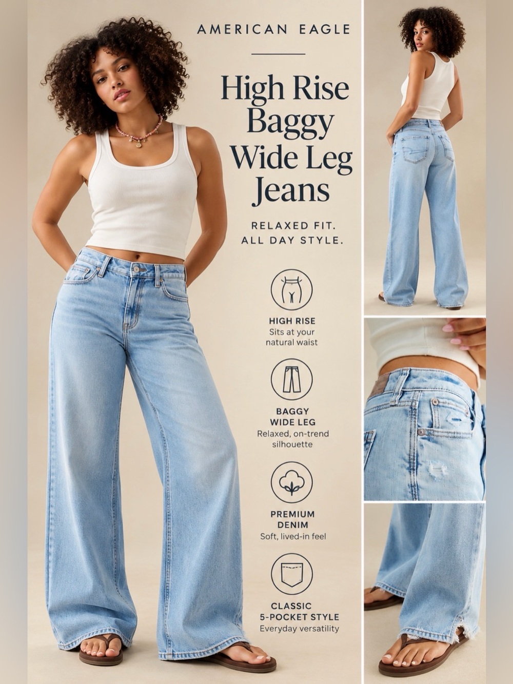 American Eagle Outfitters High-Rise Baggy Wide Leg Jeans - Light Blue Wash